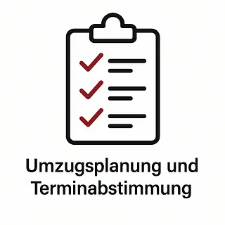 Ein Icon mit einem Klemmbrett. Unter dem Icon steht Umzugsplanung und Terminabstimmung. Unser Umzugsunternehmen aus Hamburg plant für Sie den Umzug.